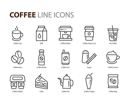 set of coffee line icons, such as tea, matcha, lemon, cocoa, milk, cream, pot, drinks