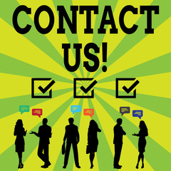 Handwriting text writing Contact Us. Conceptual photo individuals private or demonstratingal information demonstrating Silhouette Figures of Business PeopleTalking with Gestures and Text Balloon