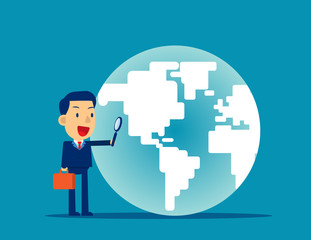 A business man looking globe. Concept business searching vector illustration, Magnifying, Flat cartoon character style design
