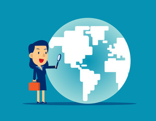 A business woman looking globe. Concept business searching vector illustration, Magnifying, Flat cartoon character style design