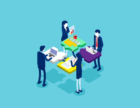 Cooperation by agency group to create a team. Concept isometric business startup vector illustration, Infographic of puzzle, Isometric flat cartoon character style design, Startup Teamwork.
