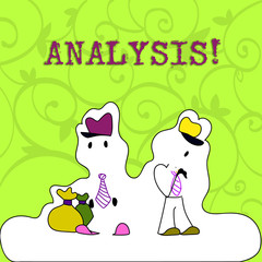 Conceptual hand writing showing Analysis. Concept meaning Strategic analytic plans for new website growth development Figure of Two Men Standing with Pouch Bag White Snow Effect