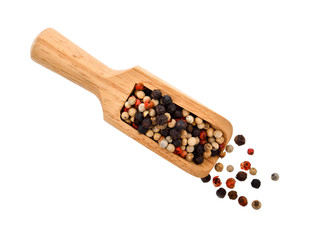 dried peppers seed in wood scoop on white background