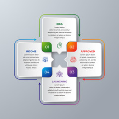 4 Steps Modern infographic with green, purple, orange, and blue color can be used for your process, workflow layout, and more. Infographic with Idea, research, process, launching, growth, goal icon.