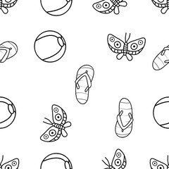 Seamless Pattern of butterfly,beach flipflop and beachball hand drawn in black and white doodle vector with ice cream cone as an additional