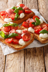 Italian sandwiches with mozzarella, tomatoes, prosciutto and basil close-up. vertical