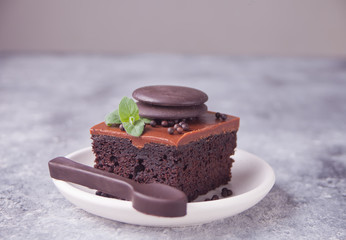 A piece of homemade chocolate cake on the plate with icing, mint leaf and chocolate spoon on the gray table