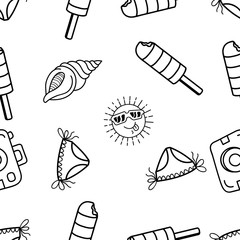 Seamless Pattern of Funny Sun, Popsicle, Pocket Camera and Beach bikini hand drawn in black and white doodle vector