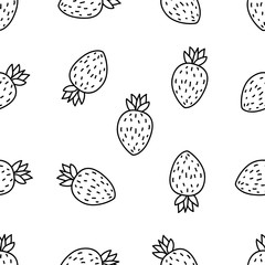 Seamless Pattern of Cute Funny Strawberry hand drawn in black and white doodle vector