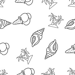 Seamless Pattern of Sea Shell, Palm Tree and Ice Cream Cone hand drawn in black and white doodle vector