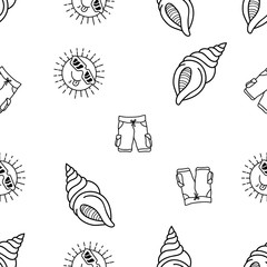 Seamless Pattern of Funny Sun, Sea Shell and Short Pant hand drawn in black and white doodle vector