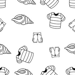 Seamless Pattern of Beach Summer T-Shirt, Short Pant and Sea Shell hand drawn in black and white doodle vector