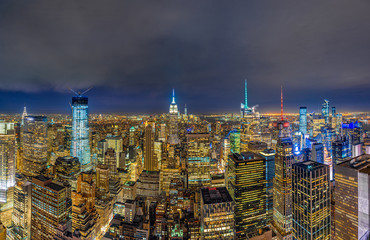 Panorama Top view of New York City cityscape in lower manhattan at the twilight time, USA downtown skyline, Architecture and building with tourist concept