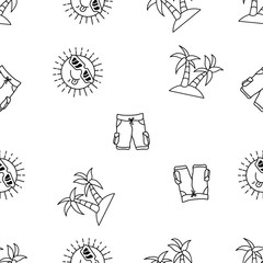 Seamless Pattern of Funny Sun, Palm Trees and Shot pant hand drawn in black and white doodle vector