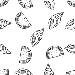 Seamless Pattern of Sea Shell and Watermelon hand drawn in black and white doodle vector