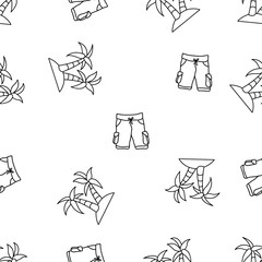 Seamless Pattern of Funny Sun and Palm Tree hand drawn in black and white doodle vector
