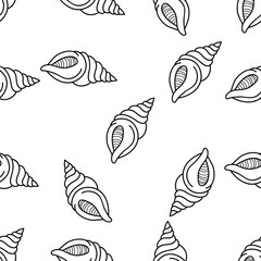 Seamless Pattern of Beach Shells hand drawn in black and white doodle vector