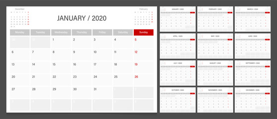 2020 calendar planner design template vector week start Monday.