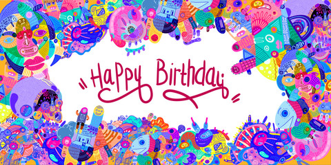 Obraz premium Happy Birthday Greeting Card with Abstract Doodle Illustration Background