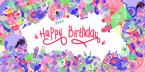 Happy Birthday Greeting Card with Abstract Doodle Illustration Background