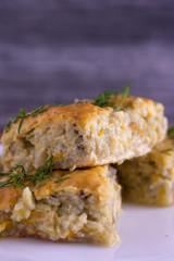 Zucchini casserole with rice.Vegetarian food.