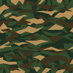 Vector geometric camouflage seamless pattern. Khaki design style for t-shirt. Military texture debris shape pattern, camo clothing while hunting illustration.