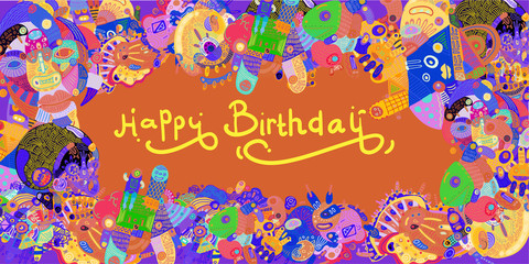 Happy Birthday Greeting Card with Abstract Doodle Illustration Background