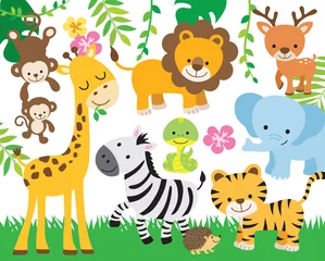Wall murals Nursery Vector illustration of cute safari animals including lion, tiger, elephant, monkey, zebra, giraffe, deer, snake, and hedgehog.