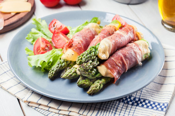 Baked prosciutto and cheese wrapped asparagus
