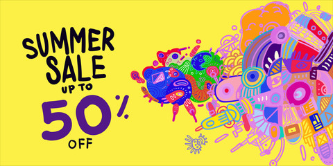 Summer Sale 50% discount Colorful Banner Doodle illustration 