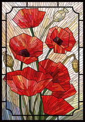 Stained glass large flowers poppies on a light beige background in a geometric frame. Black lines. Vector full color graphics