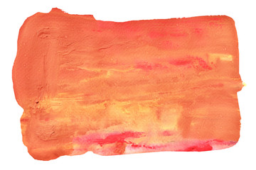 Red and orange color stains flow on yellow surface , Abstract background and illustration from acrylic color painting isolated on white background