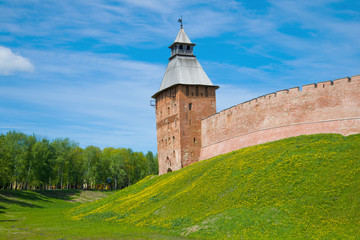 Fototapeta na wymiar View of the Spasskaya Tower on a sunny May day. Kremlin of Veliky Novgorod, Russia