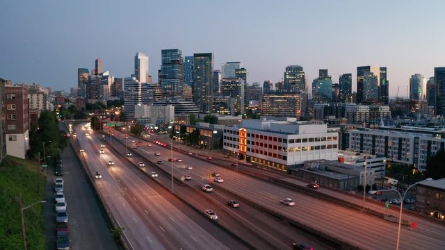 Aerial Perspective Over Interstate 5 in Downtown Seattle Washington