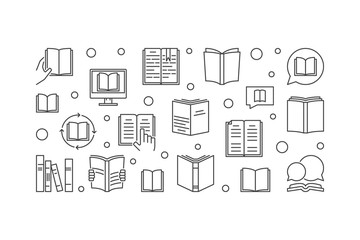 Books vector learning and education concept horizontal illustration in thin line style