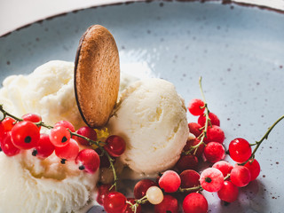 Bright, flavor ice cream. Isolated background. Close-up, top view. Concept of tasty and healthy food