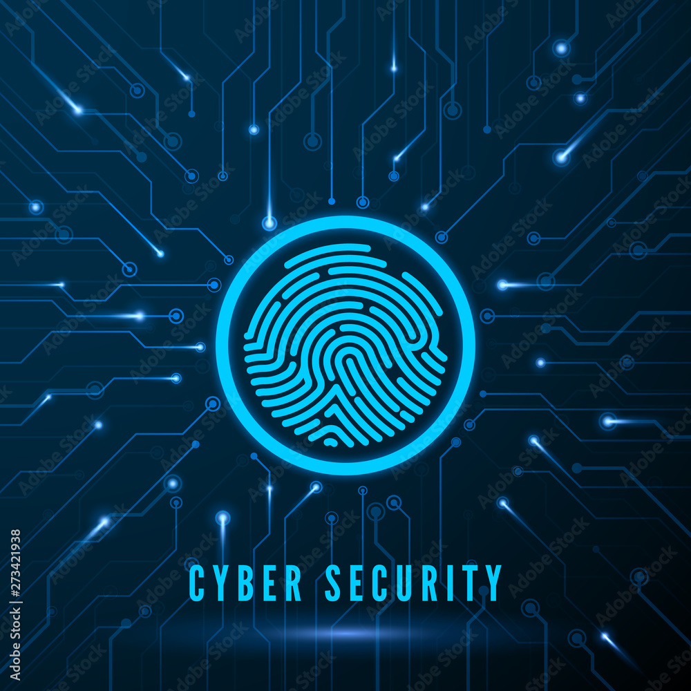 Poster cyber security. fingerprint scanning identification system. finger print on circuit. biometric autho