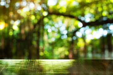 top of wood table with blur green summer light tree in forest garden background