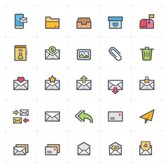 Icon set - email and letter full color outline stroke vector illustration on white background.