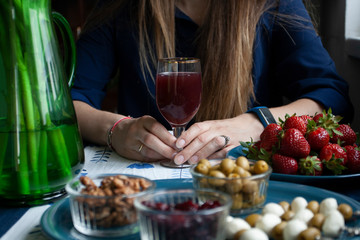 A gourmet break: strawberries, grape juice and various appetizers.