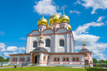 Cathedral of the Iverian Icon of the Mother of God close-up on a sunny June day. Valdai Iversky Svyatoozersky Mother of God Monastery. Novgorod region, Russia