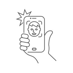The hand hold the smartphone and doing selfie. Photo on smartphone. Editable Stroke. EPS 10.