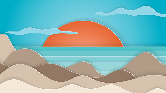 Summer time. Sea with beach, sunset. Paper cut and craft style. Vector.