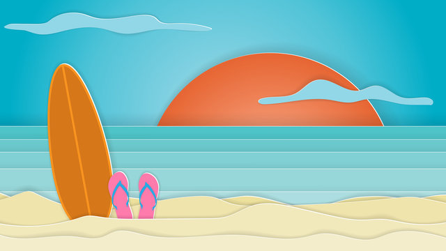 Sea view in summer with surfboard placed on the beach. Paper cut and craft style. Vector.