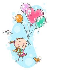Girl flying with the balloons and carrying a present, birthday greeting card