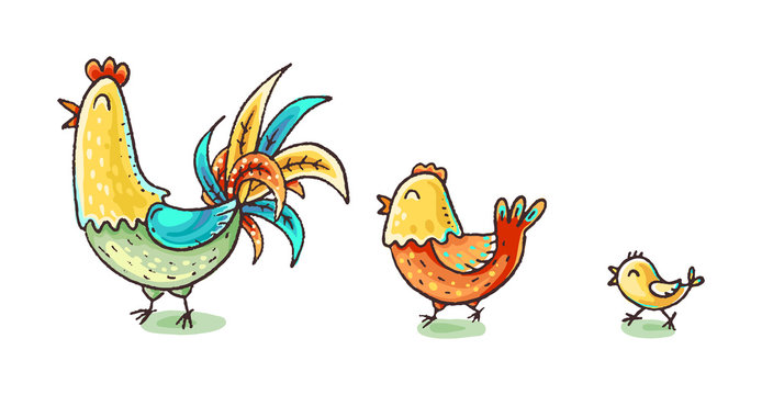 Colorful cartoon chicken family, colorful vector illustration
