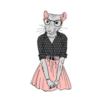 Humanized cute rat woman hipster dressed up in pink skirt, dotty shirt and glasses. Hand drawn vector illustration. Furry art image. Anthropomorphic animal.