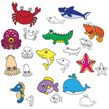 Cartoon Vertor image of Water animal Crab, Crocodile, Fish, Octopus, Seahorse, Dolphin, Shark, Squid, Starfish, Whale, Shrimp