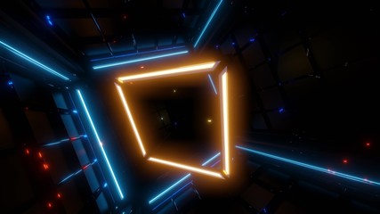yellow wireframe cube with blue lights in background