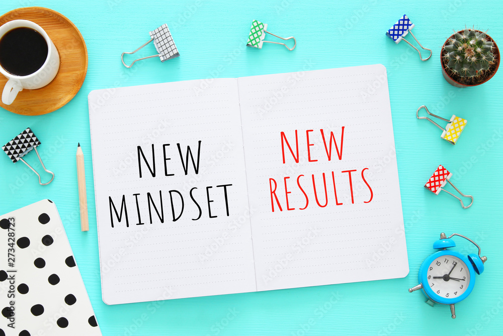 Poster top view image of table with open notebook and the text new mindset new results. success and persona